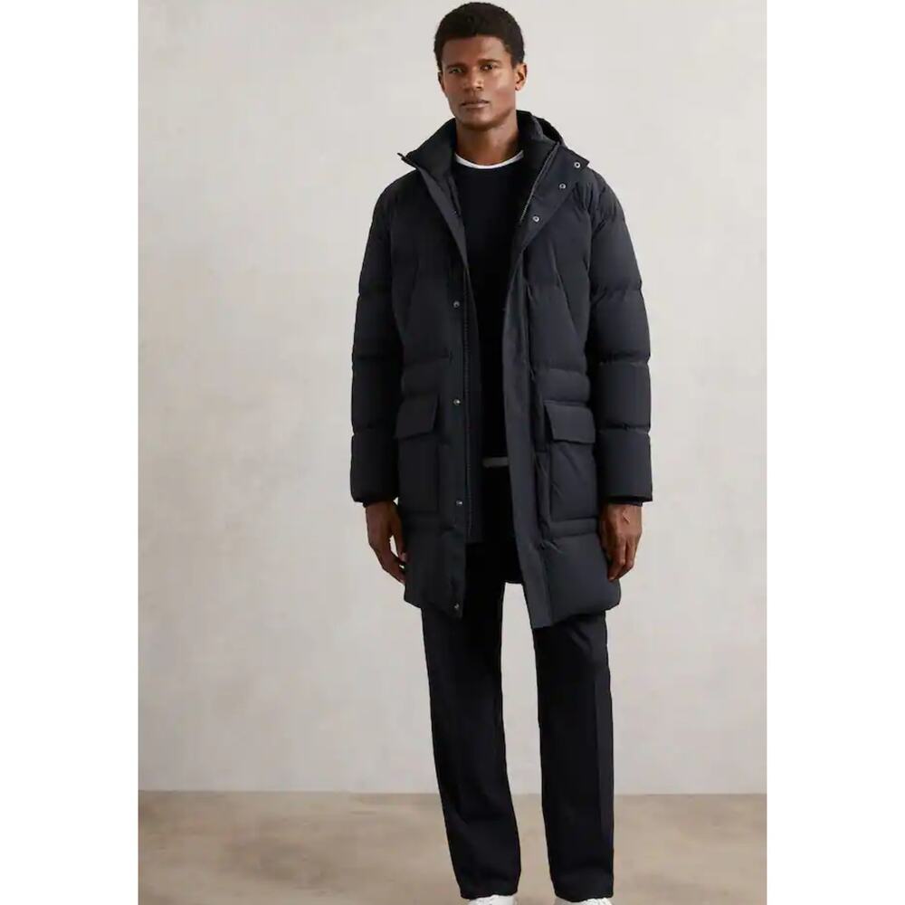 REISS Rich Black Wool Cashmere Blend Down Filled Puffer Coat Size Large Outdoors
